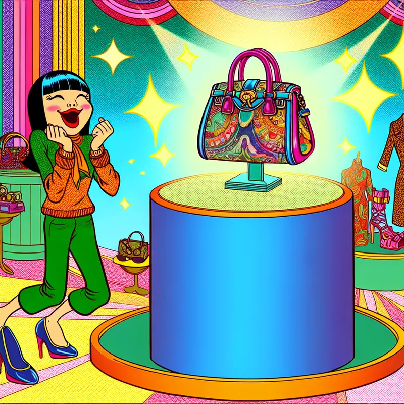 Cartoonachtige afbeelding van een modieuze handtas op een kleurrijke voetstuk, met een jonge vrouw die het bewondert.