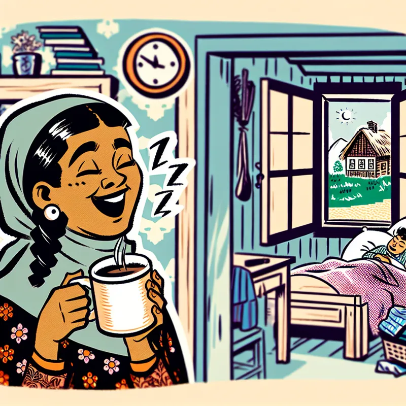 Cartoon illustratie van een moe karakter in een gezellige slaapkamer met een rommelig bed en een klok die laat is, terwijl het personage een kopje koffie vasthoudt en gaapt.