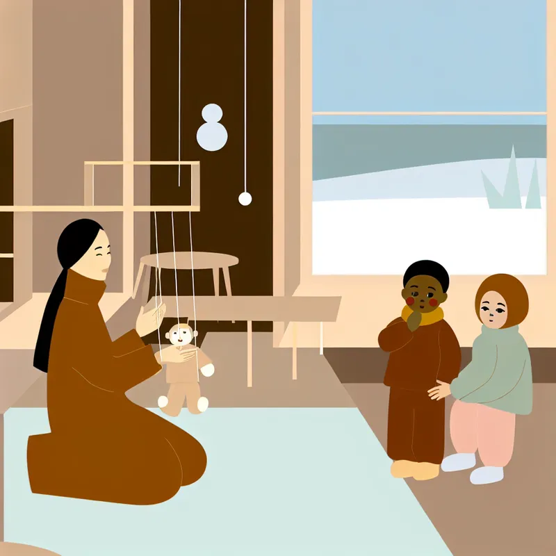 Een moeder houdt haar handen boven kinderen terwijl ze naar een poppenkastshow kijken, met een warme en gezellige kamer op de achtergrond.