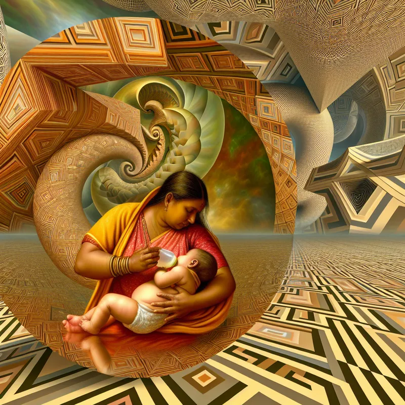 Moeder die haar baby borstvoeding geeft in een surrealistische omgeving geïnspireerd door M.C. Escher, met geometrische vormen en natuurlijke elementen.