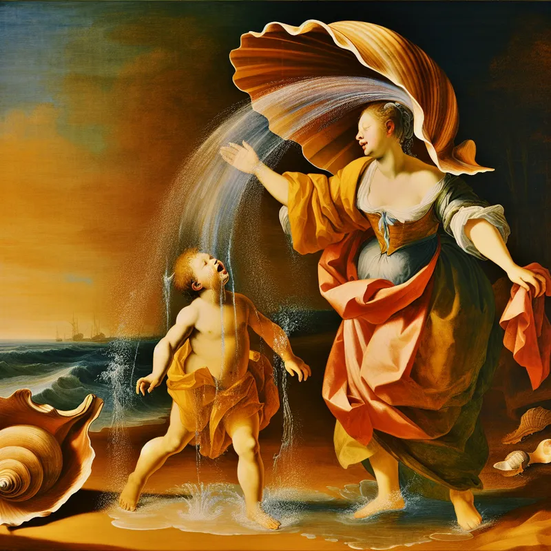 Barokke voorstelling van een moeder die haar zoon met water uit een grote schelp doucht na een dag aan het strand