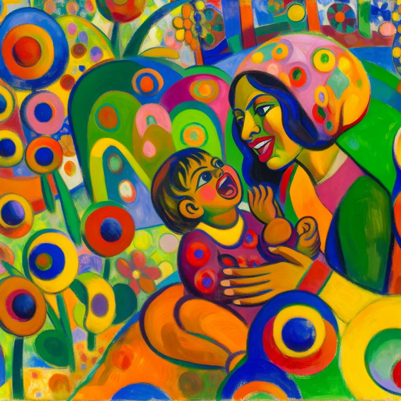 Een vrolijke moeder met een glimlach die haar dochter 'mensje' noemt in een kleurrijke abstracte tuin vol grote bloemen.