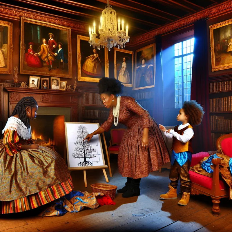 Een moeder die haar kinderen betrekt bij traditionele activiteiten in een prachtig versierde kamer met Barokke details.