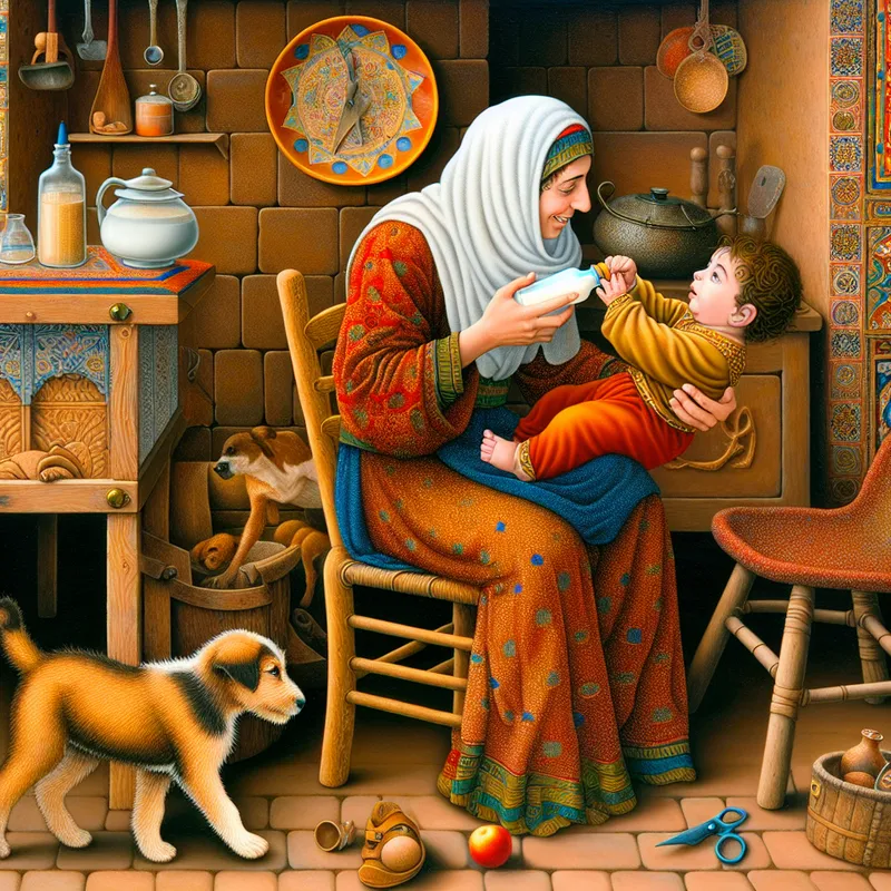 Moeder geeft een baby een kleine fles met melk in een warme, gedetailleerde huiskamerscène in de stijl van Jan Steen