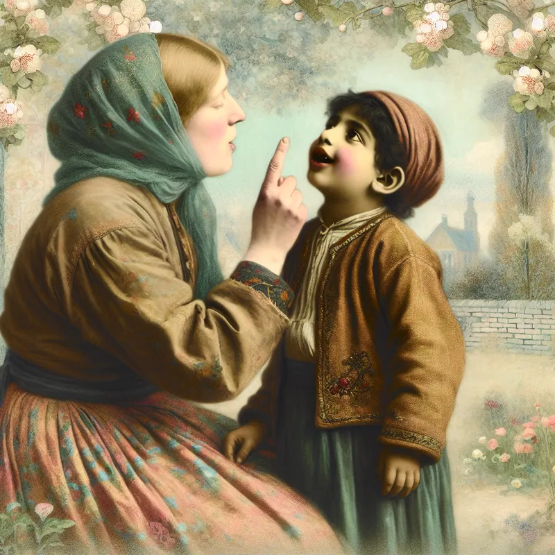 Moeder praat op een speelse manier met haar kind in een sprookjesachtige omgeving