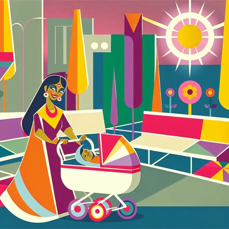 Een liefdevolle moeder duwt een kinderwagen met een baby door een kleurrijk park, omgeven door geometrische vormen.