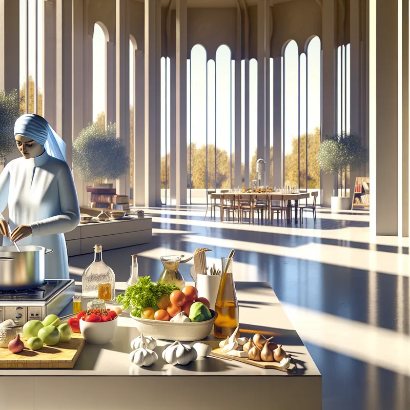 Moeder kookt in een moderne keuken met een serene sfeer, omringd door verse ingrediënten.