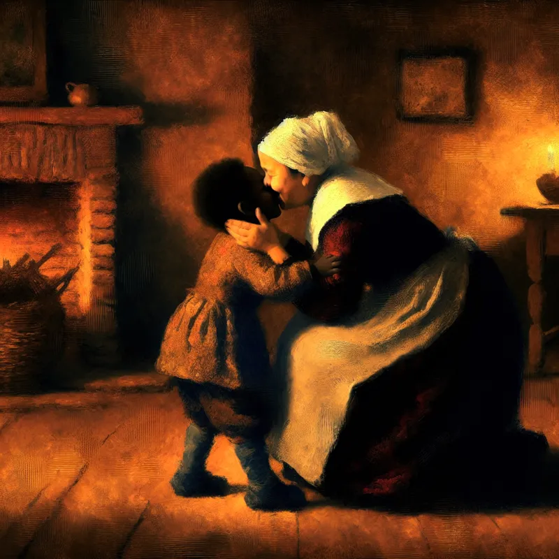 Een moeder kust haar kind op het voorhoofd in een intieme, warme scène.