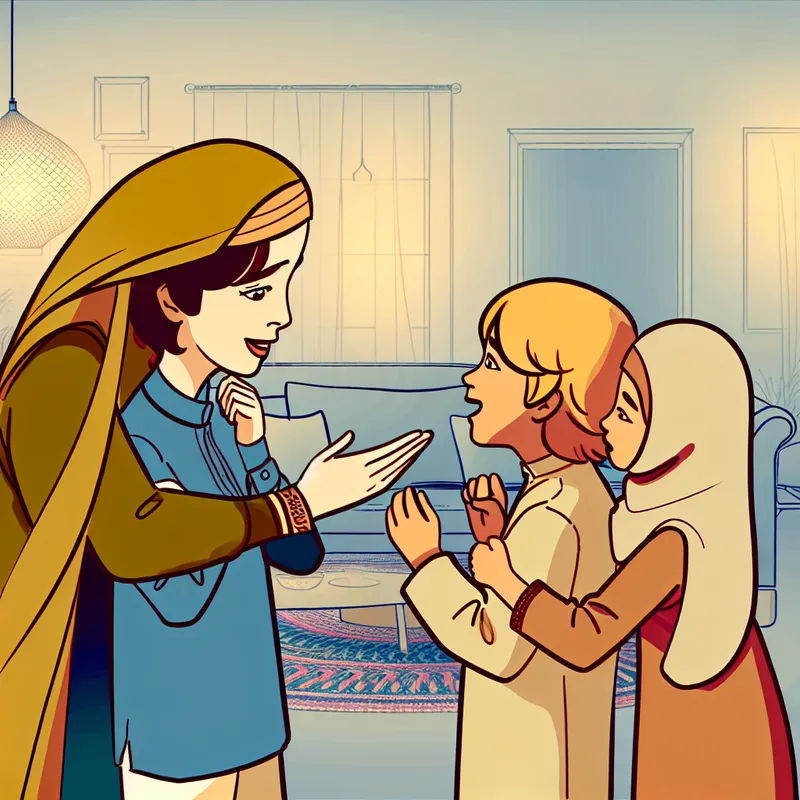 Een moeder kust haar kinderen liefdevol vaarwel in een gezellige woonkamer met zachte verlichting.