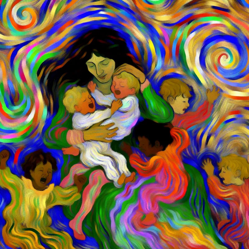 Abstract expressionistische afbeelding van een moeder die haar kinderen koestert met levendige kleuren en dynamische penseelstreken.