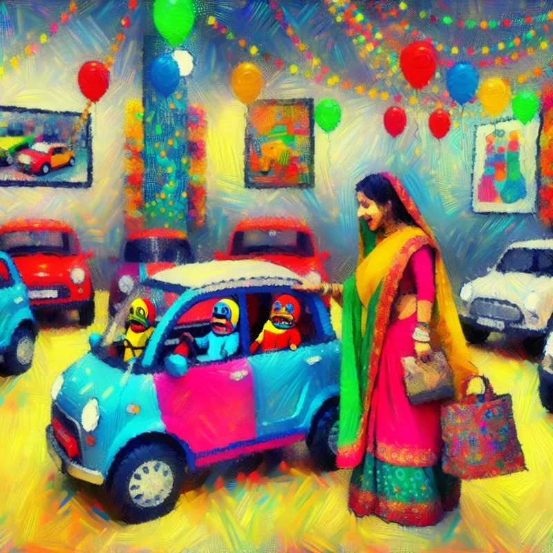 Vrolijke moeder koopt een schattig autootje voor haar jonge zoon bij een kleurrijke autodealer.