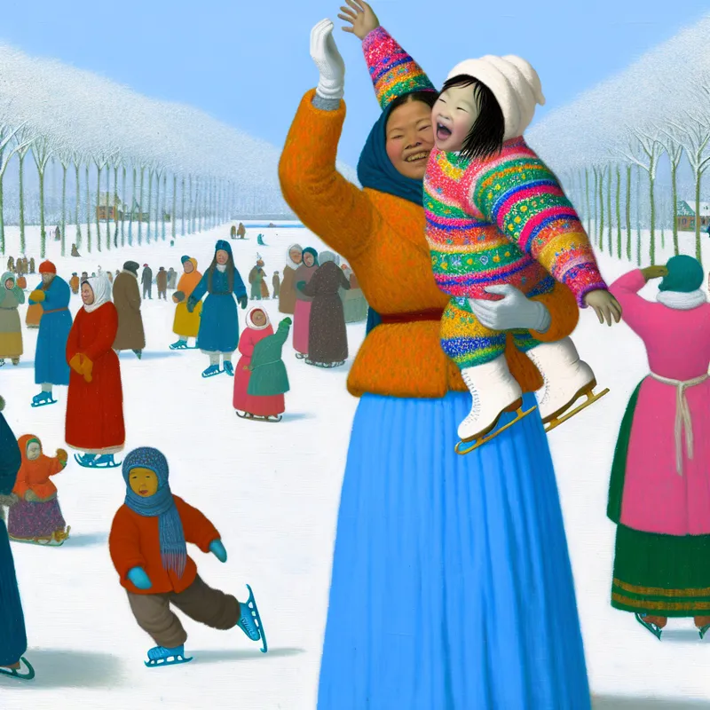 Een moeder tilt haar kind omhoog in een besneeuwd landschap tijdens winterse activiteiten.