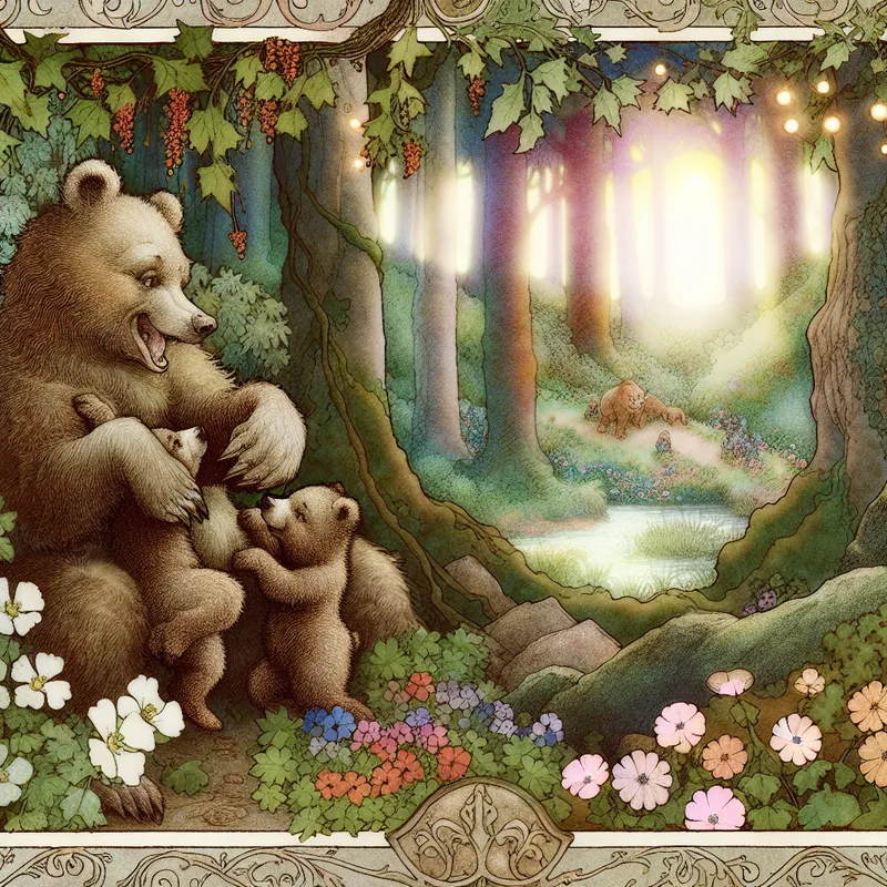 Een illustratie van een moederbeer die haar jongen in een betoverd bos verzorgt