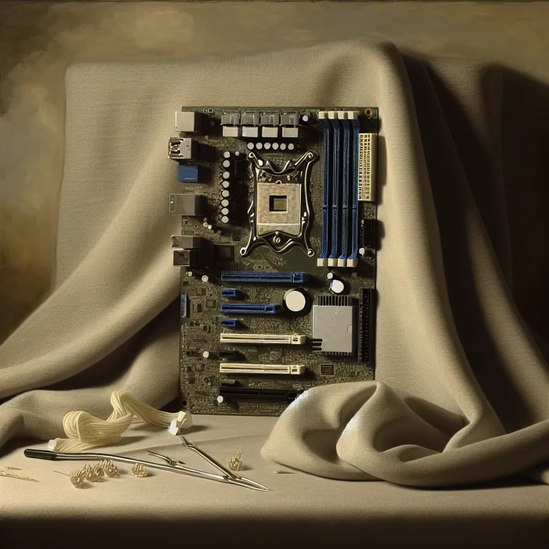 Een gedetailleerde still leven van een computer moederbord op zachte stof