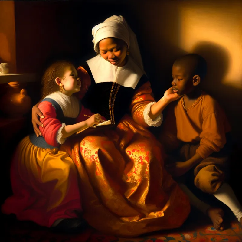 Barokke voorstelling van een moeder met haar twee kinderen in een zonnige kamer, die tederheid en oprechte intentie uitstraalt als illustratie van het woord 'bedoelen'