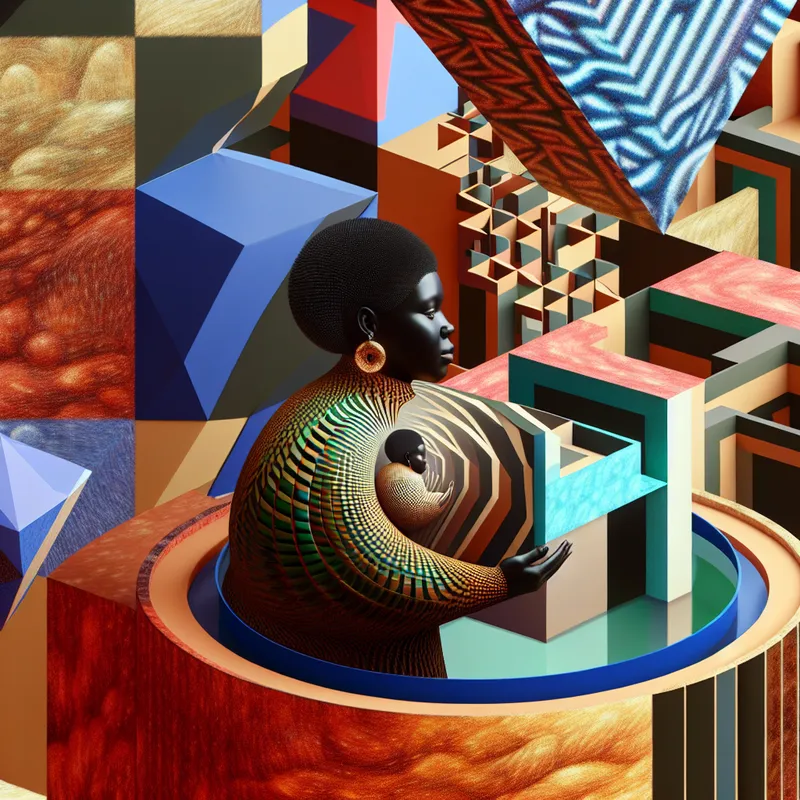 Vrouwelijke figuur als beschermende, geometrische structuur boven een kwetsbaar figuur, met een surrealistische achtergrond van optische illusies