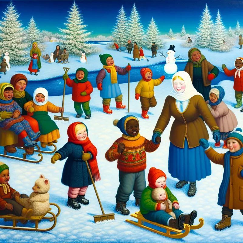 Een zorgzame vrouw in warme kleding begeleidt een groep lachende kinderen tijdens winterse activiteiten in de sneeuw, met sleeën en sneeuwpoppen op de achtergrond.