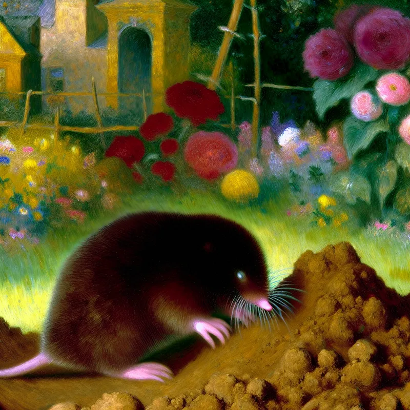 Een hyper-realistisch beeld van een mol die in de grond aan het graven is, omringd door een surrealistisch tuinlandschap met oversized bloemen en vervormde schaduwen.