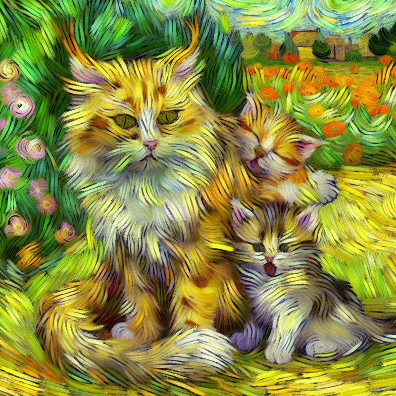 Een moederpoes met schattige kittens die knus samen in een tuin liggen