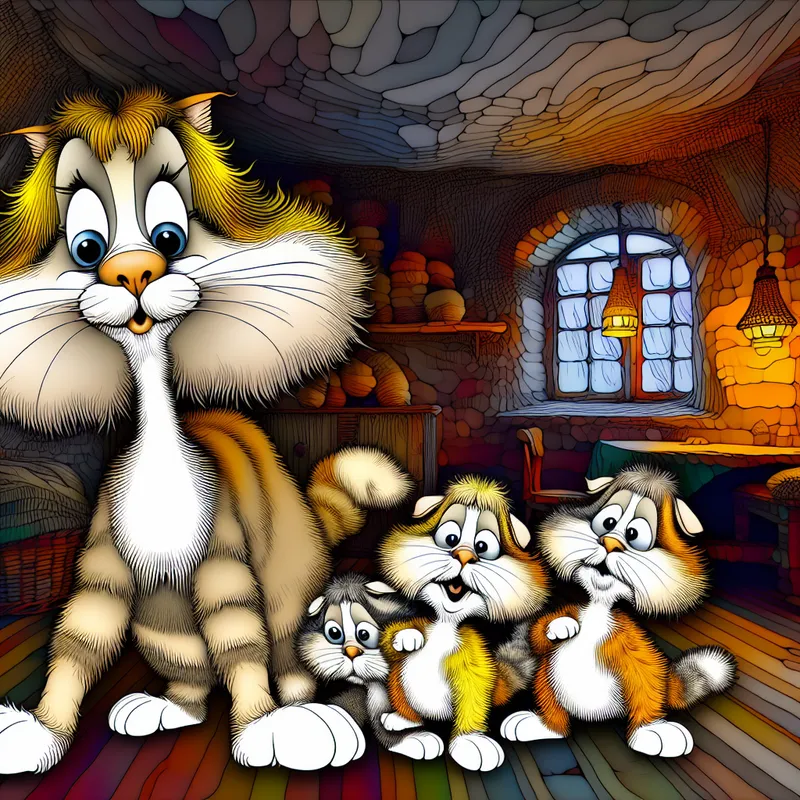 Speelse moederpoes met drie schattige, pluizige jonge katjes die achter haar aan lopen in een warme, gedetailleerde kamer