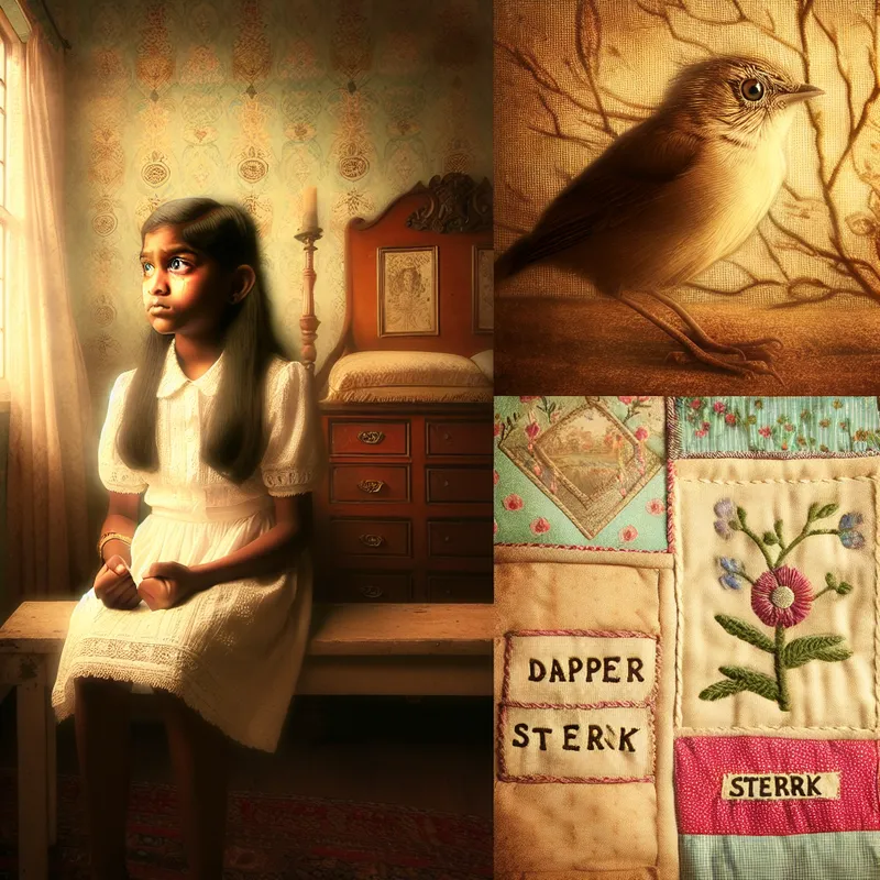 Jong meisje toont moed en vastberadenheid op een houten bank in een nostalgische kamer met symbolen van kracht zoals een mus en een quilt met woorden 'dapper' en 'sterk'