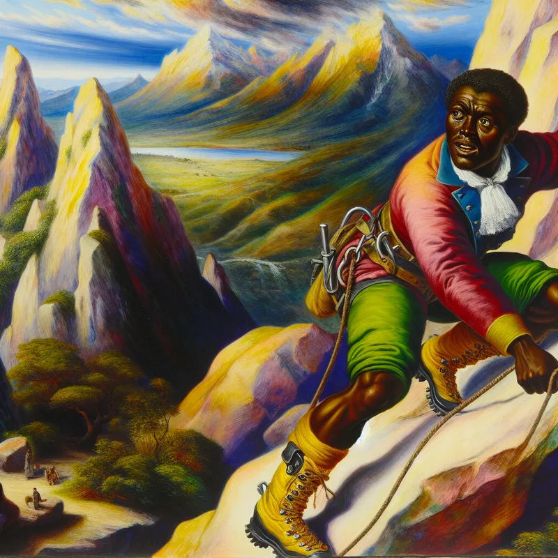 Een moedig persoon in klimgerei klimt alleen een steile berg op, met een indrukwekkend berglandschap op de achtergrond.