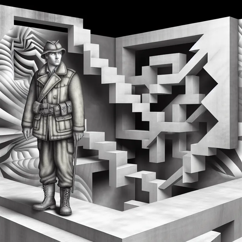 Surrealistische tekening in de stijl van M.C. Escher van een moedige man in een onmogelijke architectuur, symboliserend kracht en doorzettingsvermogen