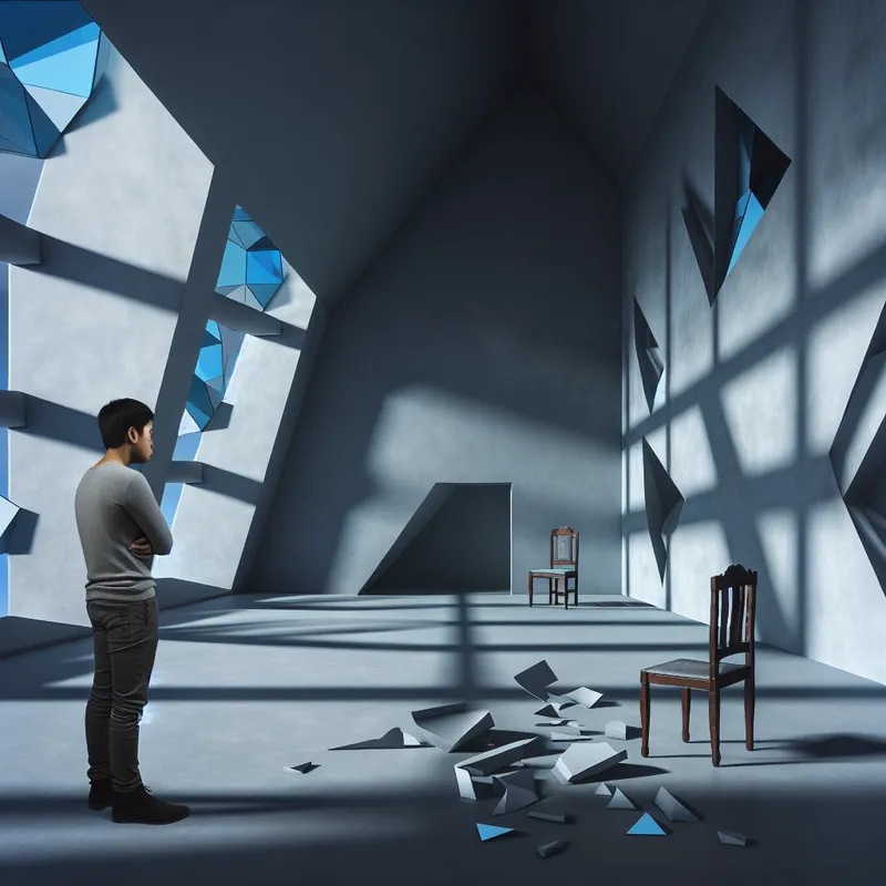 Een jongeman in een lege, kille ruimte, verontrust en tegenover een lege stoel, wat een moeilijke relatie symboliseert.