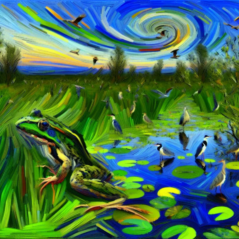 Een moeren kikker die op een lelieblad zit, omringd door groen en water in een moerassig landschap