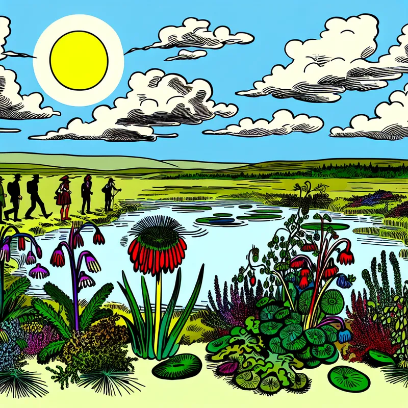 Cartoonachtige illustratie van een moeraslandschap met kleurrijke planten en vrolijke wandelaars.