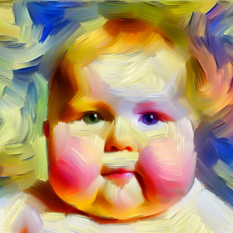 Portret van een mollige baby met volle, ronde wangen en een zachte, tevreden uitdrukking in abstract-expressionistische stijl