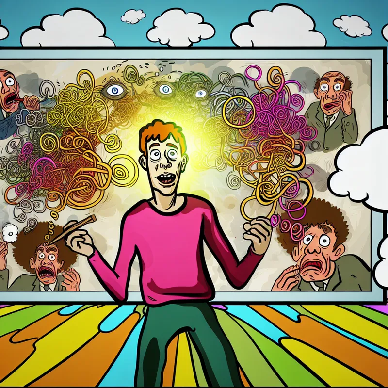 Een cartoonachtige scène van een persoon met een verwarde uitdrukking die helderheid krijgt over een belangrijk idee, omringd door denkbubbels met grappige afbeeldingen en een vrolijke achtergrond.