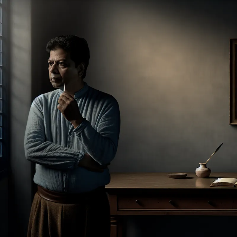 Middelbare man in contemplatie, staand in een zacht verlichte kamer met een notitieboek en ganzenveer, moment van realisatie vastgelegd in Vermeer-stijl