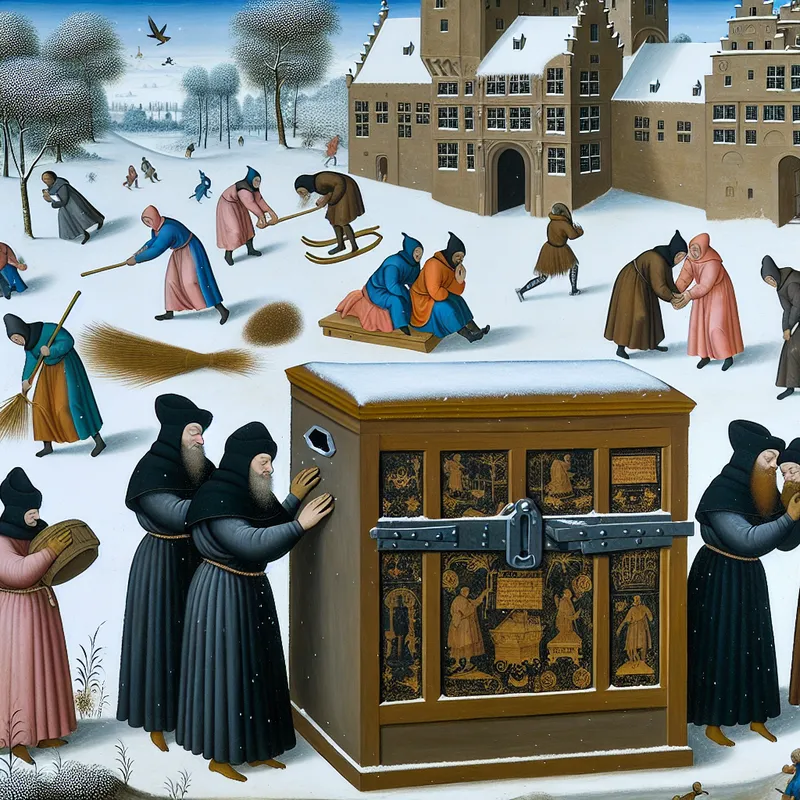 Groep monniken beveiligt heilige boeken in een houten kluis in een besneeuwd winterlandschap.