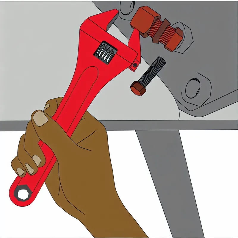 Minimalistische illustratie van een monteur die een roestige bout losmaakt met een rode sleutel, stijl Dick Bruna