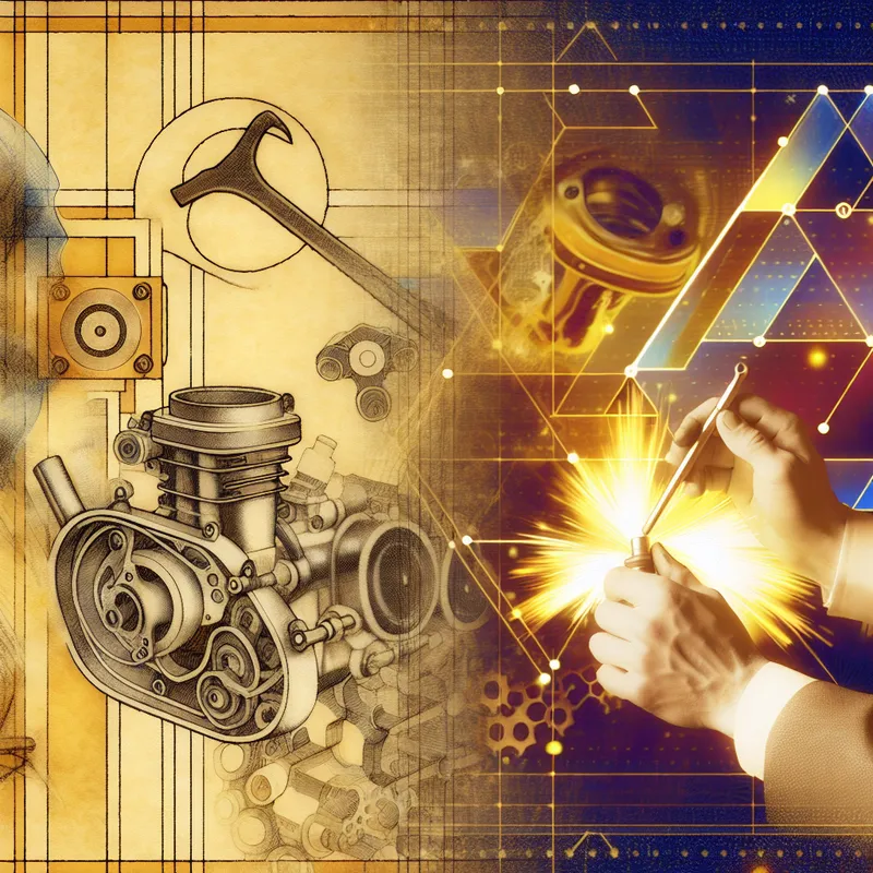 Illustratie van een monteur die zorgvuldig de carburateur van een klassieke auto afstelt met een steeksleutel, in retro-futuristische stijl met geometrische vormen en warme kleuren