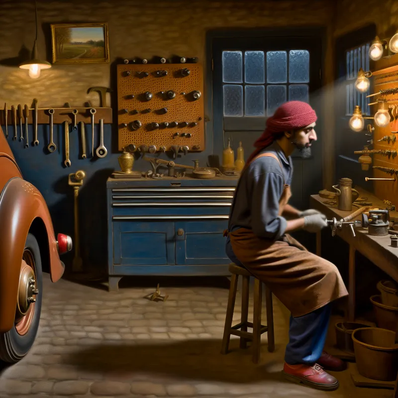 Een monteur test de remmen van een auto in een serene garage werkplaats, omgeven door netjes georganiseerde gereedschappen.