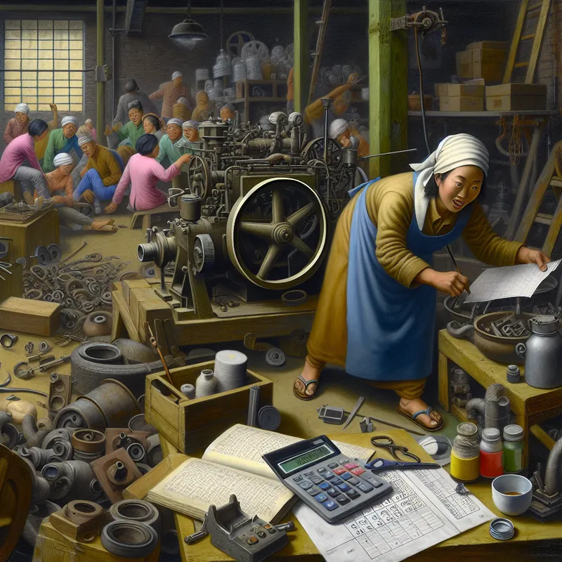 Mechanic working diligently on a large machine in a workshop, surrounded by tools and spare parts, highlighting maintenance costs.