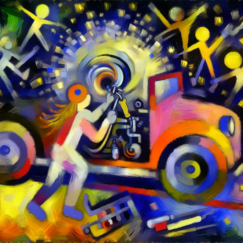 Abstracte voorstelling van een monteur die met zorg en precisie een auto-motor afstelt, in expressieve kleuren en dynamische penseelstreken