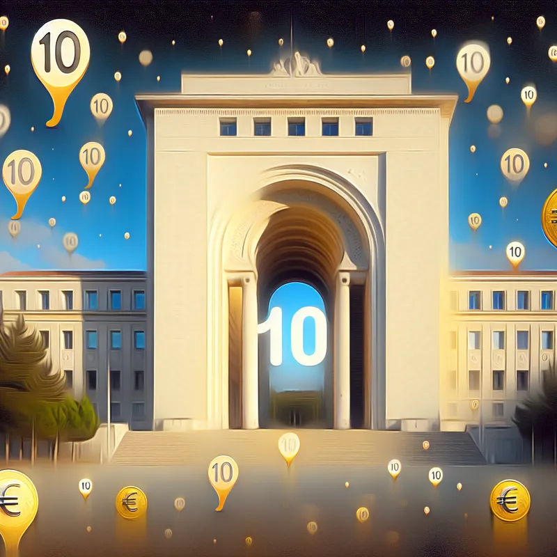 Een hyper-realistische afbeelding van een groot gebouw met een bord '10 Euro' bij de ingang, omringd door zwevende cijfers en munten.
