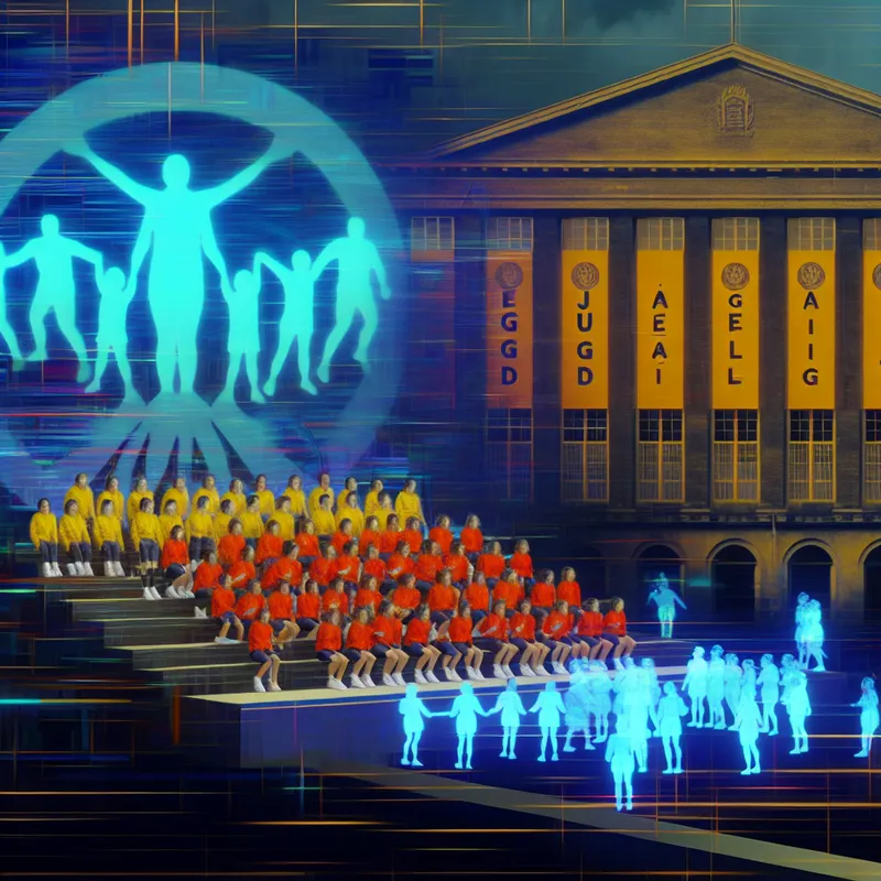 Een hyper-realistisch beeld van een monumentaal gebouw met een groep jonge mensen die enthousiast een evenement organiseren, met een banner 'Jeugd Afdeling'.