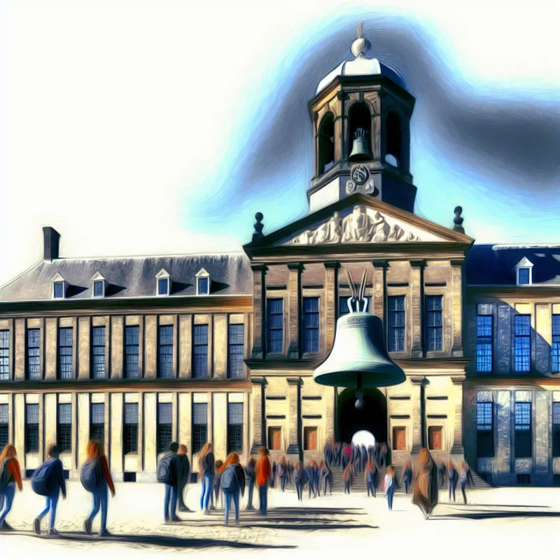 Hyper-realistisch beeld van een monumentaal schoolgebouw met een grote oude schoolbel bovenop, terwijl studenten uit de ingang komen.