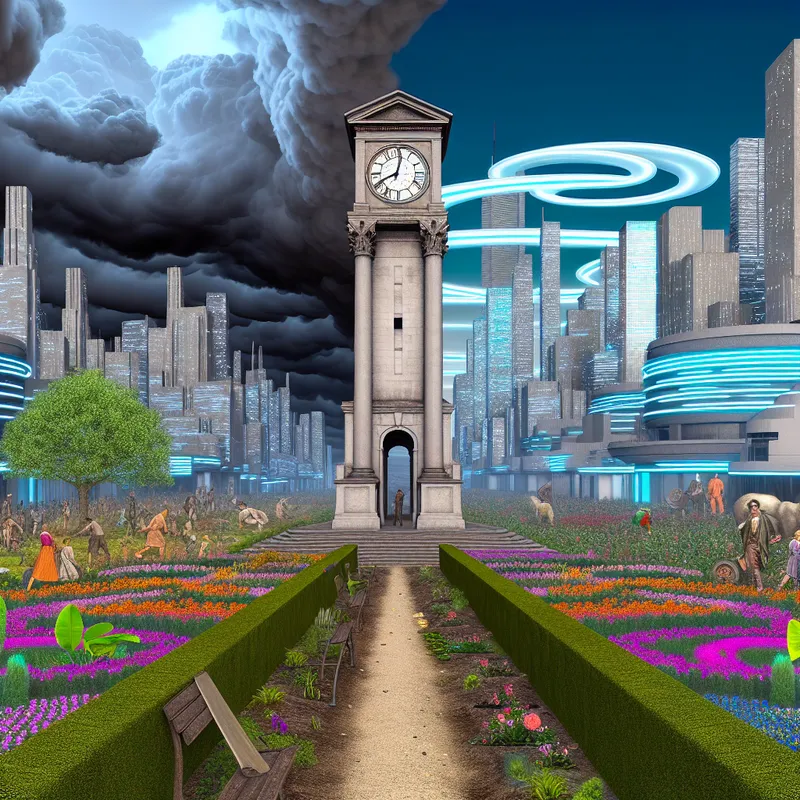 Hyperrealistische afbeelding van een monumentale kloktoren naast futuristische gebouwen, die de passage van een eeuw symboliseert
