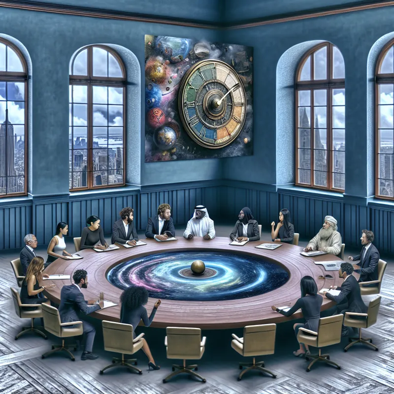 Hyperrealistisch schilderij van een monumentale vergaderruimte met een ronde tafel, waar mensen van verschillende achtergronden aan het discussiëren zijn.
