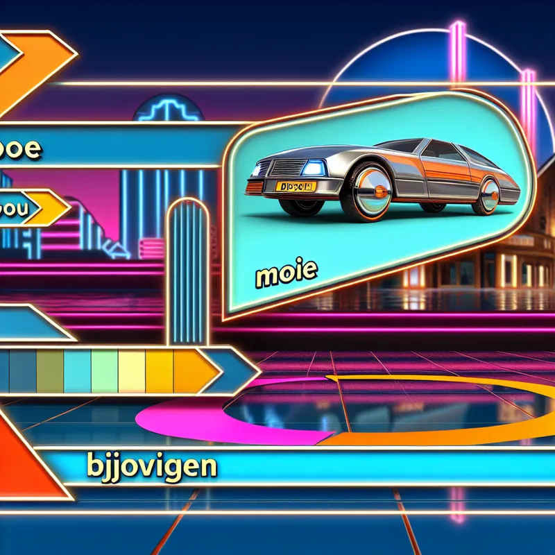 Een retro-futuristische scène met een glanzende auto gemarkeerd met het woord 'mooie' in een stijlvolle lettertypestijl, in een kleurrijke stadsomgeving