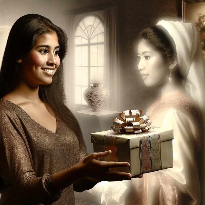 Een jonge vrouw presenteert een prachtig ingepakt cadeau aan haar vriendin in een serene binnenomgeving.