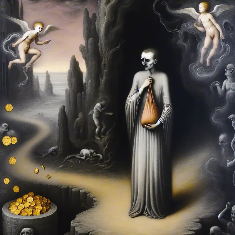 Een figuur staat op een kruispunt met een kleine beurs vol gouden munten, naar de horizon starend in moreel conflict.