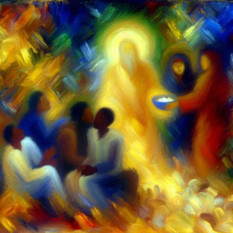 Abstract expressionistisch schilderij van een stralende figuur met gouden aura die hulp biedt aan mensen in nood, symboliserend morele goedheid en onbaatzuchtigheid