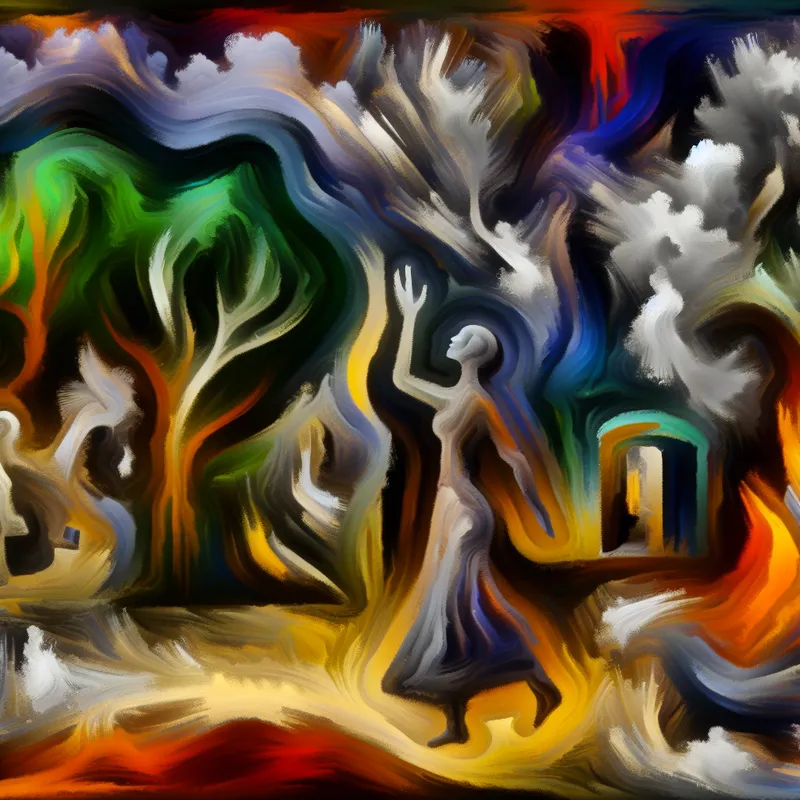Abstracte voorstelling van morele verantwoordelijkheid ten opzichte van de natuur met een persoon in expressieve houding.