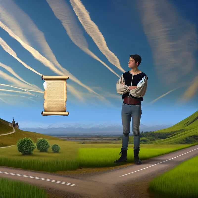 Jong persoon staat op een kruispunt met een motivatiebrief in de hand, omringd door een majestueus landschap met dramatische lucht.